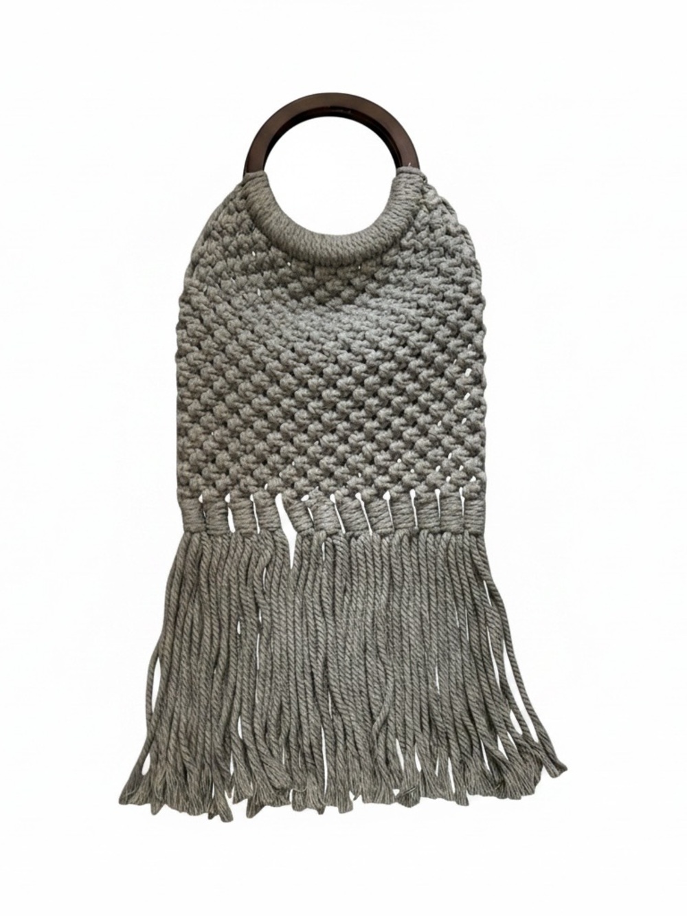 Chunky Macramé Fringe Handbag with Wooden Ring Handles - Gray